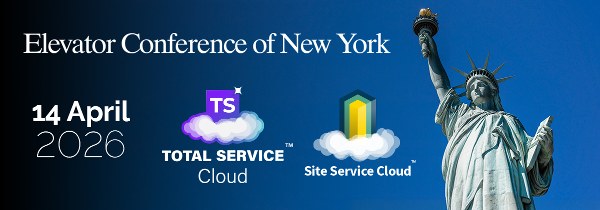 Elevator Conference of New York banner featuring Total Service Cloud and Site Service Cloud logos, with the Statue of Liberty in the background, dated April 14, 2026.