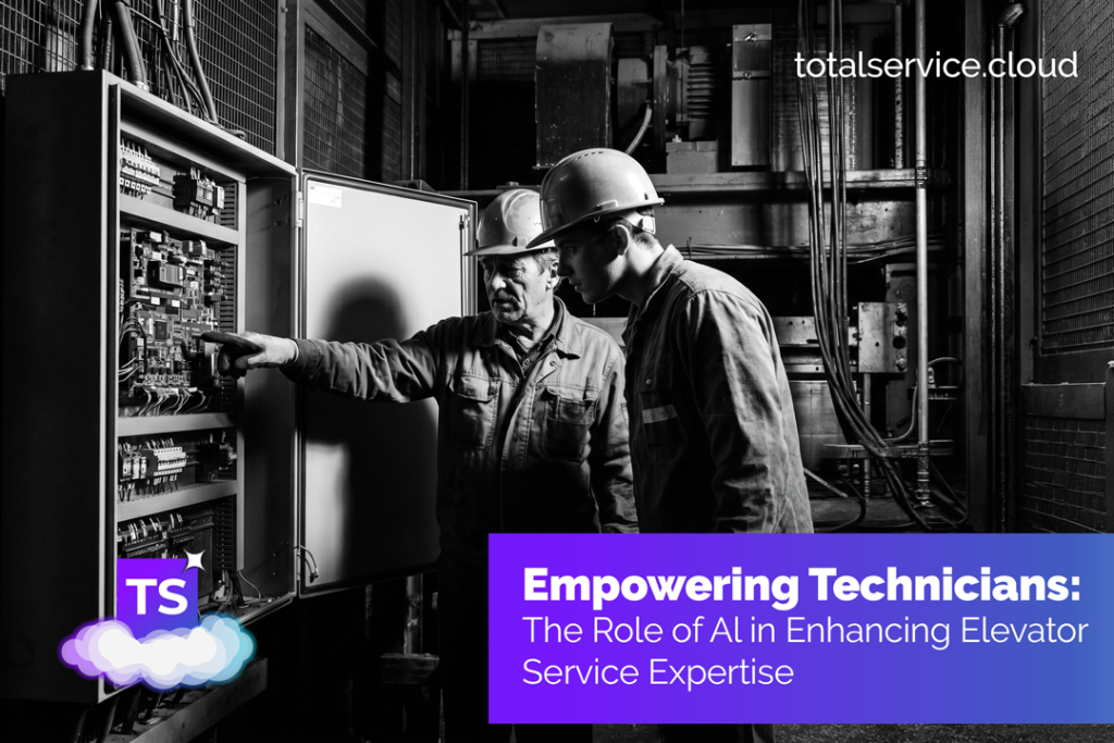 Elevator technicians inspecting equipment, AI empowering field service expertise.