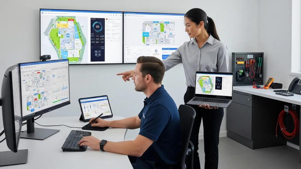 Elevator technicians using cloud-based software for optimized service management