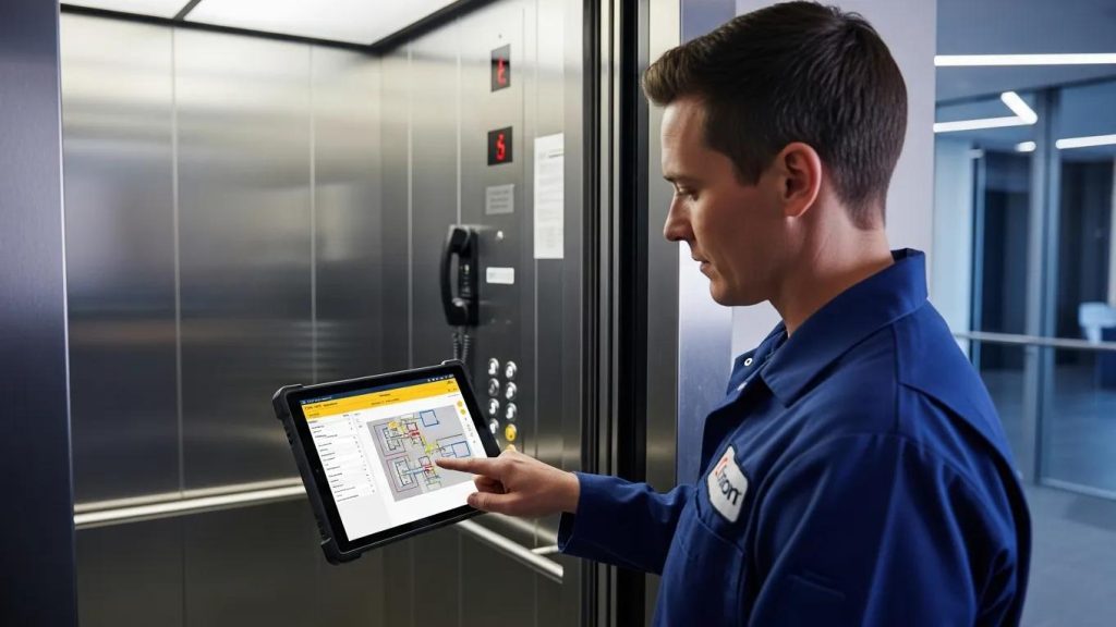 Field technician utilizing technology for efficient job management in elevator maintenance
