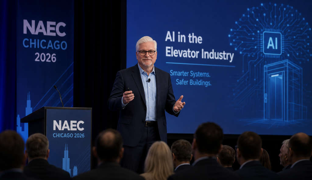 Douglas vanden Bosch presenting AI in the elevator industry at NAEC Chicago 2026 conference.