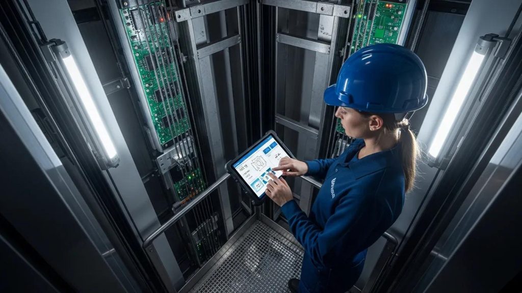 Technician utilizing real-time data on mobile device to enhance elevator service efficiency