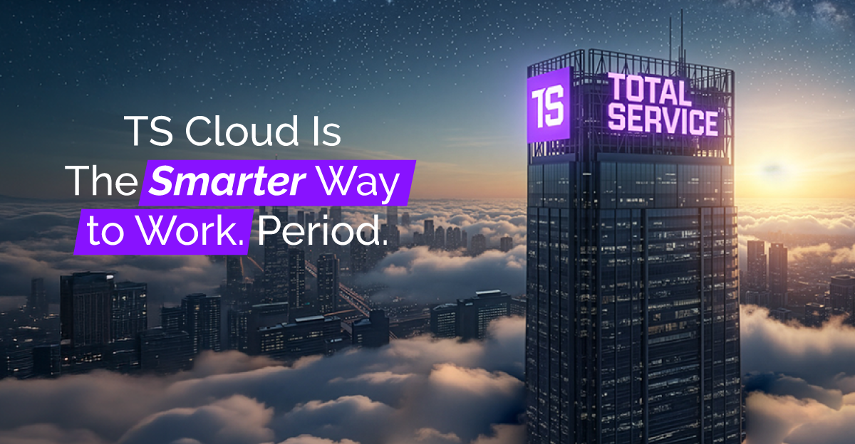 Total Service Cloud building with "TS" and "TOTAL SERVICE" illuminated, emphasizing the smarter way to work in the elevator and HVAC industries, surrounded by clouds and a city skyline.